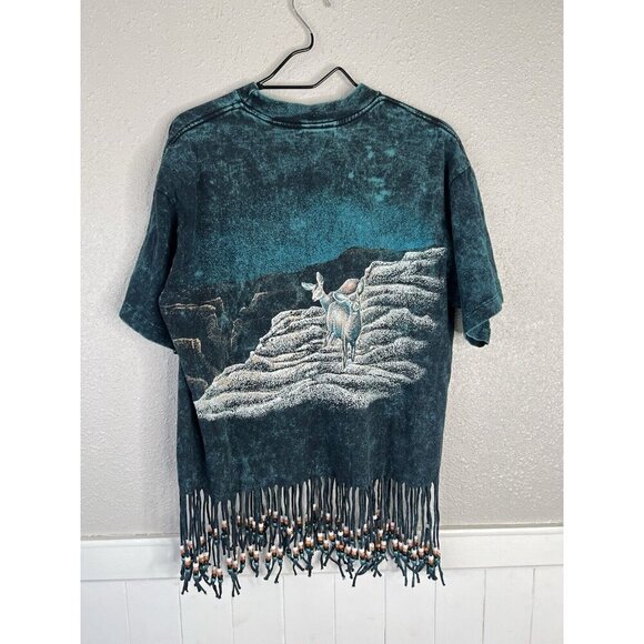 Vtg Fringe Beaded Grand Canyon Acid Wash Teal Shirt Large Elk Single Stitch 90s - Picture 10 of 13